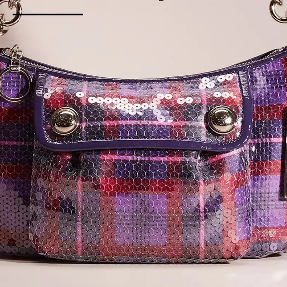 Coach Poppy Tartan Groovy Limited Ed Convertible Bag Y2K Purple+Red Sequins NWT - Picture 2 of 12